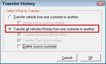 The Transfer History with the Transfer all vehicles/history option selected.