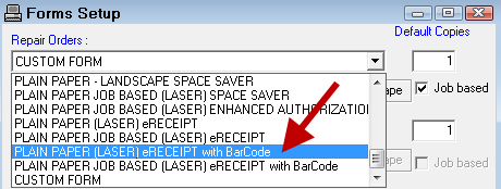 A form with barcode in a the repair order dropdown list on the Forms Setup window.