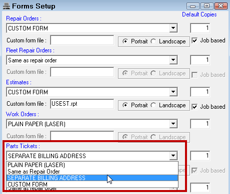 The Forms Setup window with the Parts Tickets dropdown list expanded and circled.