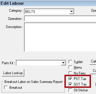 The PST Tax and GST Tax boxes on the Edit Labour window. 