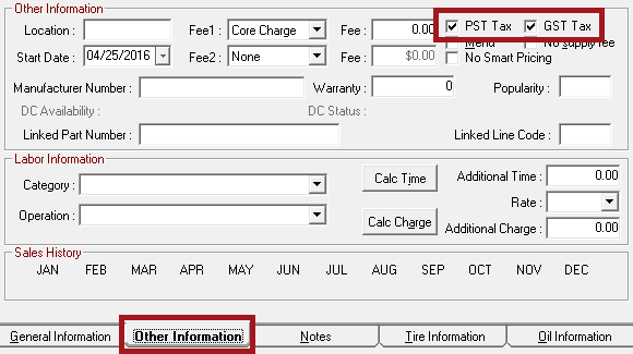 The PST Tax and GST Tax options on the Other Information tab.