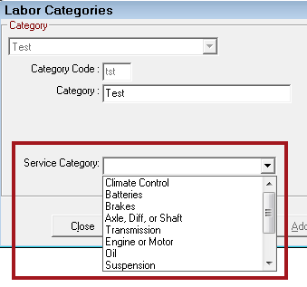 The labor categories window with the service category dropdown list expanded.