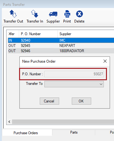 The PO number field disabled on the New Purchase Order window.