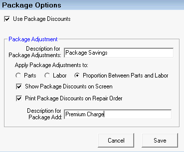 the Package Options window. 