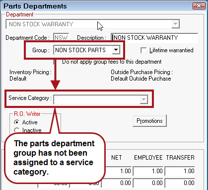 A parts department with a group selected and the service category dropdown list inactive.