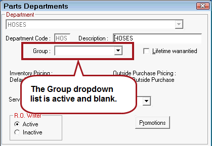 The Group dropdown list on the parts department window is active but blank.