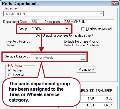 A parts department with a group selected and a service category selected in the disabled dropdown list.
