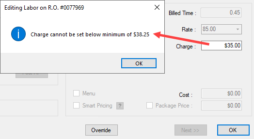 The warning prompt over the editing labor window after someone tries to set the charge below the minimum.