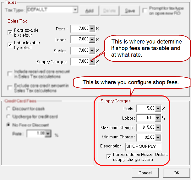 The Supply Charges section where you configure shop fees and the supply charges field where you determine the rate, if any.