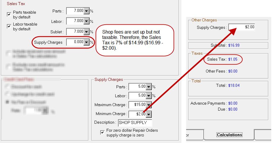 The Supply Charges set on the configuration window and in the Supply Charges field on the Calculations tab.