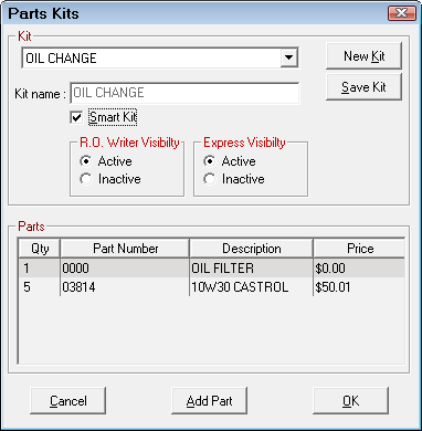 The Parts Kits window with the Smart Kit checkbox checked.