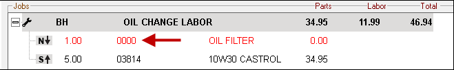 0000 displaying as the part number for the oil filter in the Jobs section of the Parts/Labor tab.