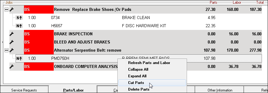 Cut Parts selected on the right-click menu of a selected part.
