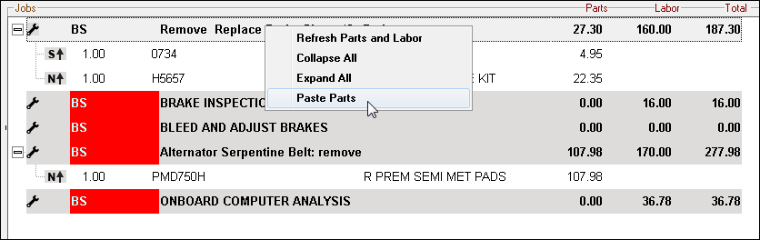 Paste Parts selected on the right-click menu.
