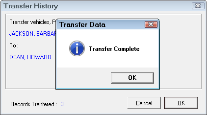 The confirmation message and number of records transferred on the transfer history window.