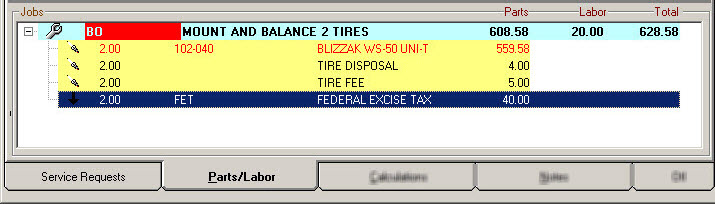 The FET part in the Jobs section of the Parts/Labor tab with the other tire parts.