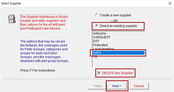 The existing NAPA supplier and delete circled.