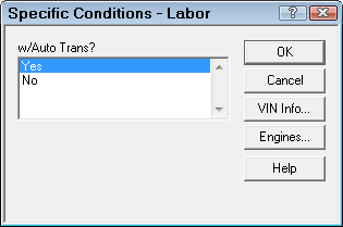 The Specific Conditions window asking if the transmission is automatic.