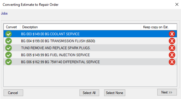The Convert Estimate to Repair Order window with all items selected for conversion.