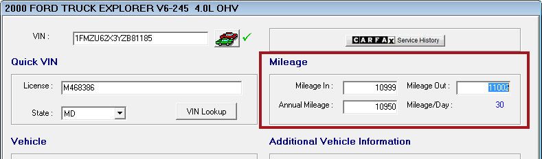 The Mileage section of the Vehicle tab showing the mileage