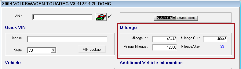 The mileage section showing an annual mileage of 12,000.