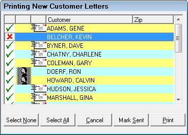 the Printing New Customer Letters window.