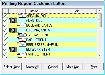 The Printing Repeat Customer Letters window showing a list of customers.