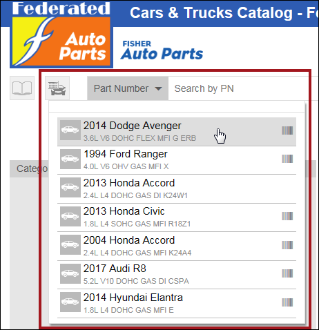 the list of previously selected vehicles from the car icon.