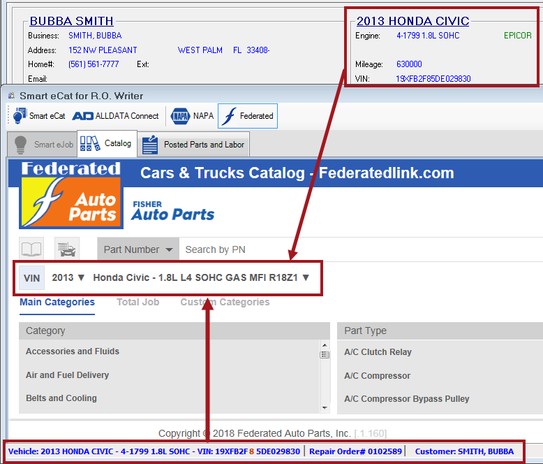 The vehicle information from the parts/labor tab successfully passed to the Federated catalog window.