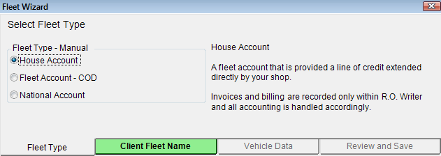 The Fleet Type tab selected with the Client Fleet Name tab in green.
