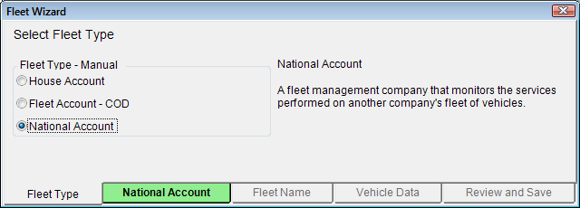 The Fleet Type tab with National Account as the Fleet Type.