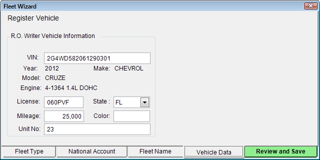 The vehicle data tab.