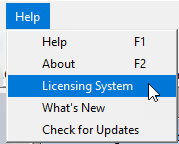 The licensing system entry selected on the Help menu in the main module.