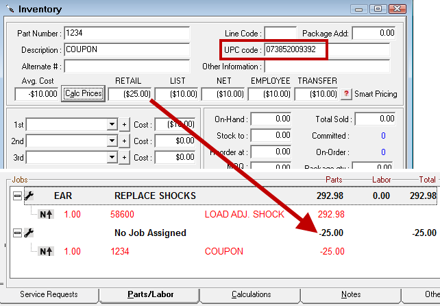 A negative retail amount appearing as a negative amount in the Jobs section of the Parts/Labor tab.