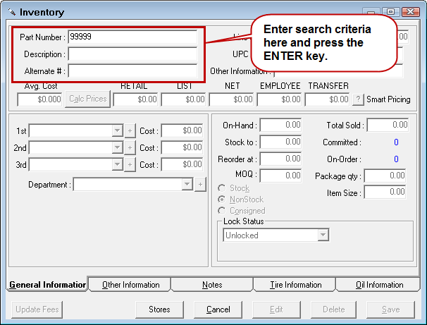 The Inventory window in search mode with the search criteria circled.