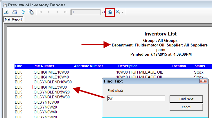 The inventory list report for an oil department showing the find text window.