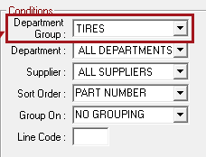 The Inventory List selected with the tire group selected in the Department Group dropdown list.