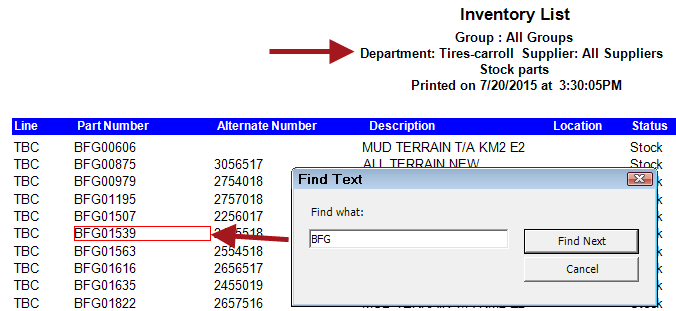 The Inventory List for a tire department with the Find text window opened.