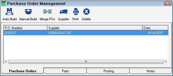 The Purchase Order Management window showing the Purchase Orders tab.