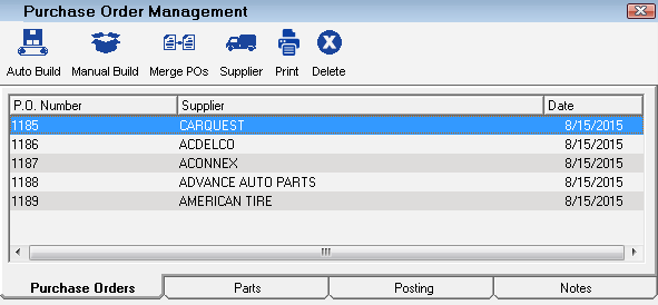 The Purchase Order Management window showing the Purchase Orders tab.