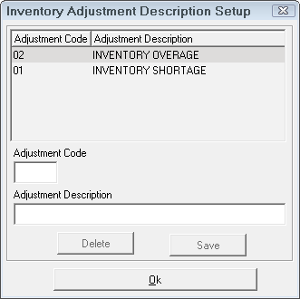 The Inventory Adjustment Description Setup window.