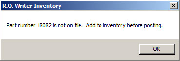 The part number not on file prompt.