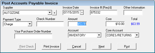 Post to Accounts Payable invoice summary window for cores.