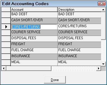 The Edit Accounting Codes window.