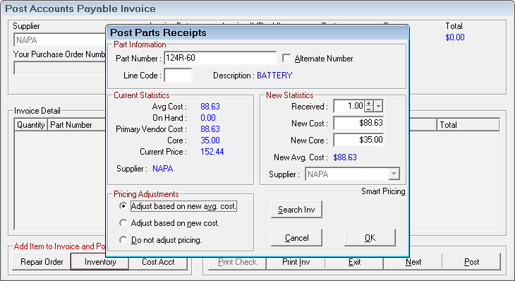 The Post Parts Receipts window for cores.