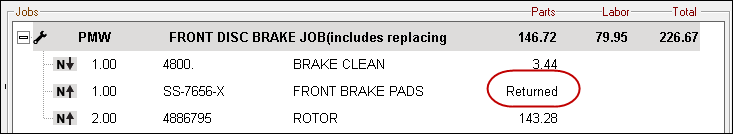 The part labeled as returned in the jobs section of the parts/labor tab.