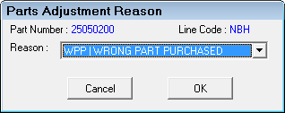 A reason selected on the Parts Adjustment Reason window.