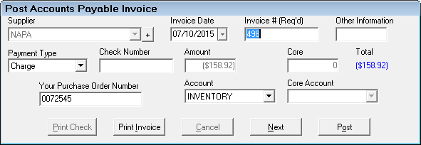 The Post Accounts Payable Invoice window for the credit.