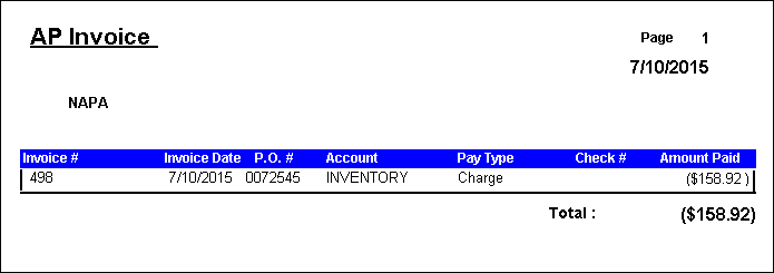 An AP invoice for a returned part.