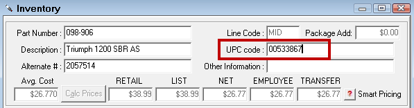 An inventory record with a UPC code entered.